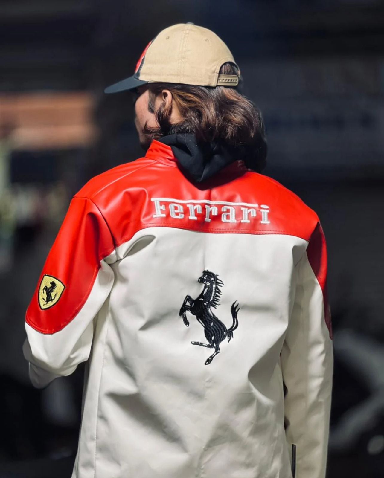 Model wearing Ferrari Racing Jacket β Formulaβ―1 streetwear style