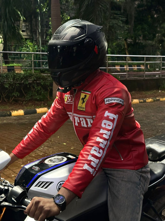 Red Ferrari Synthetic Leather Jacket β Embroidered | Unisex Racing Streetwear
