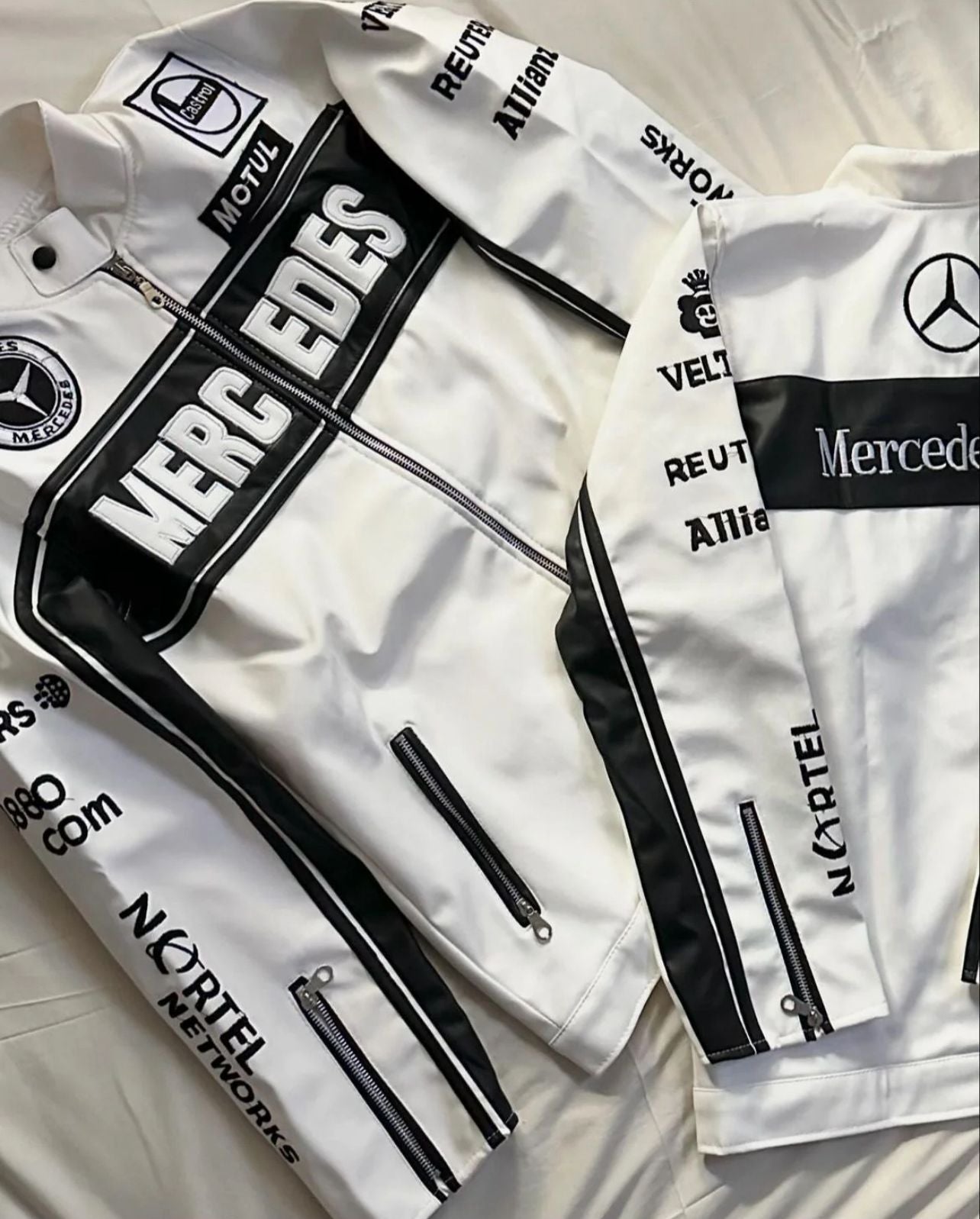 Front view of Mercedes Racing Jacket with black and white design