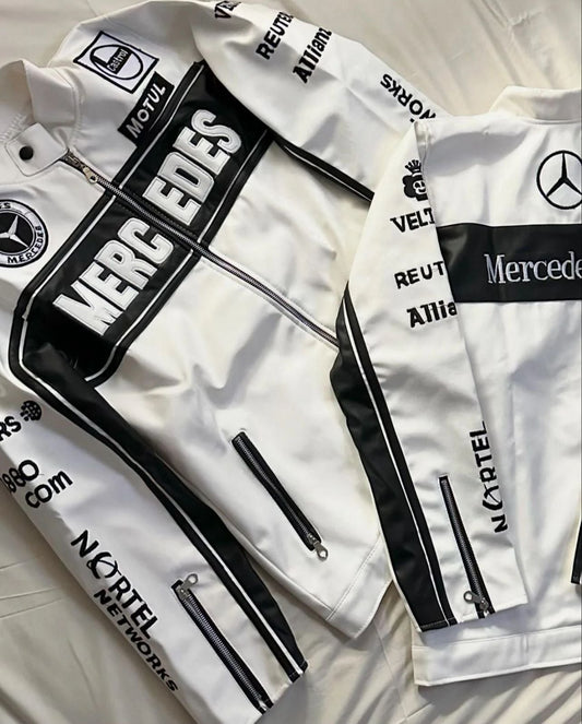 Front view of Mercedes Racing Jacket with black and white design