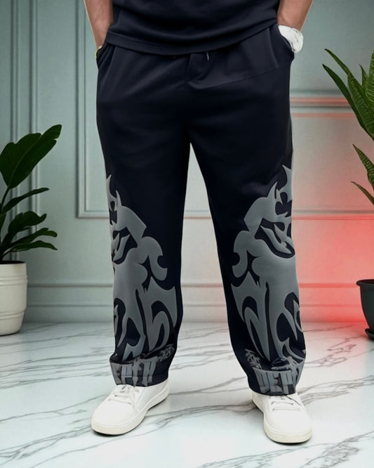 Front view of Depth Flamez Pant with bold puff flame print on both legs