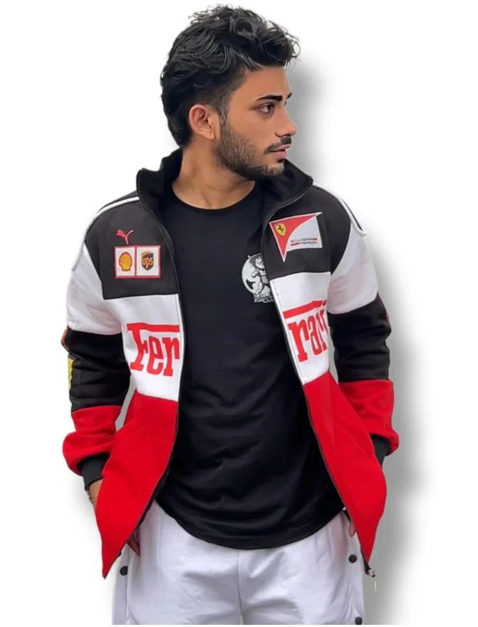 Ferrari sleeve patch and collar branding details β motorsport-inspired jacket