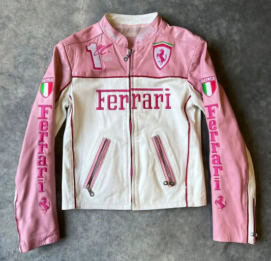 Front view of limited edition pink Ferrari leather jacket with embroidered logo