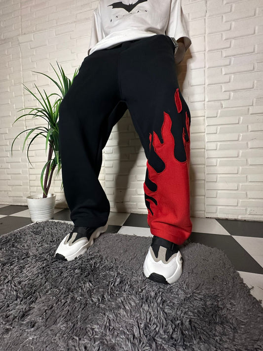 Front view of Fire Kick Bottom Cotton Pant with flame embroidery – black cotton wide-leg pant