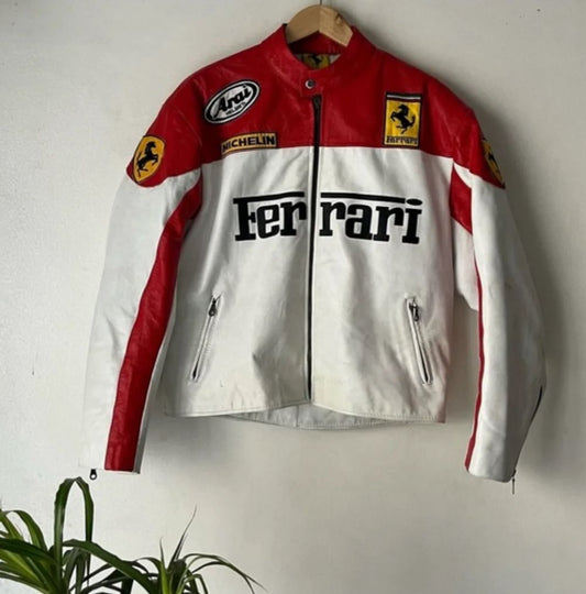 Front view of Ferrari Racing White Leather Jacket with embroidered logo