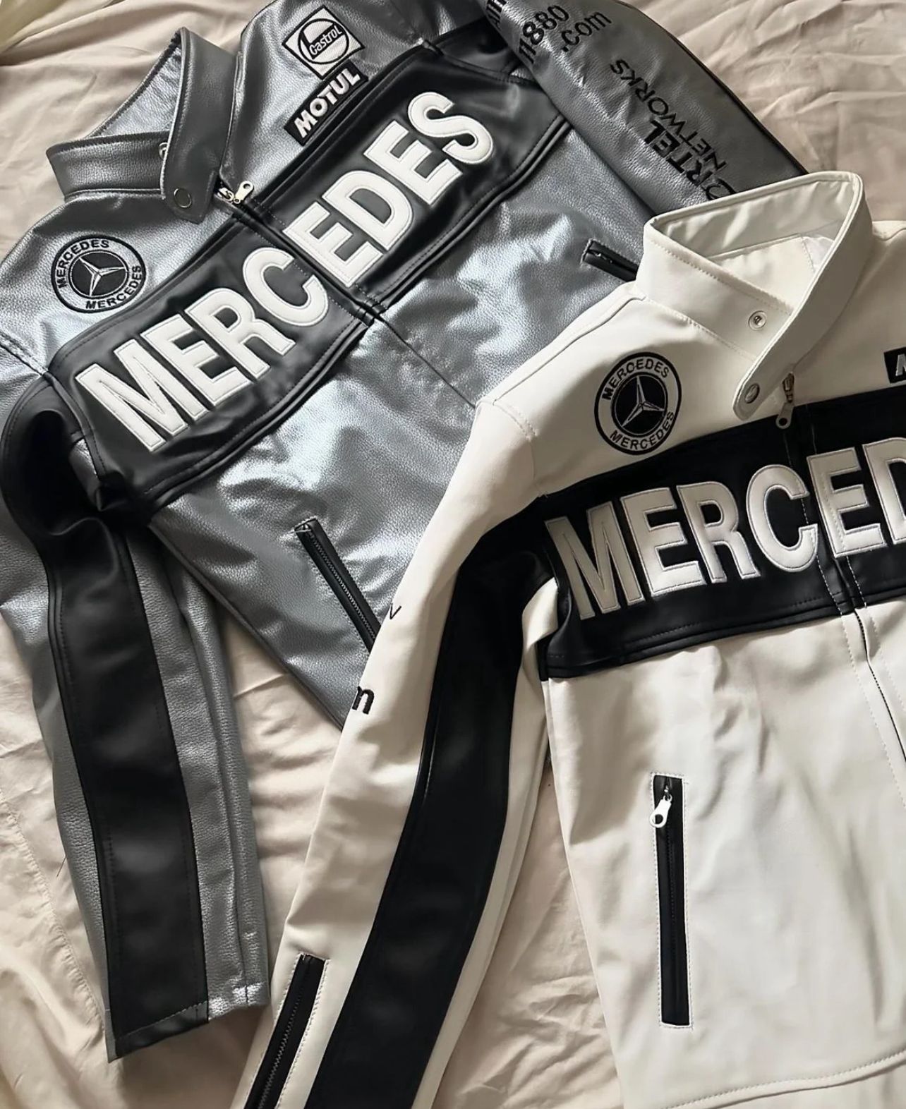 Embroidered Mercedes-Benz logo on racing leather jacket