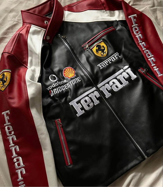 Front view of Ferrari maroon and black leather jacket with embroidered Ferrari logo