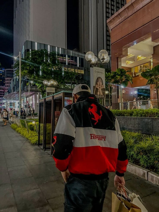 βBack view of Tri-Colour Ferrari F1 Racing Jacket with Ferrari horse logo and embroideryβ