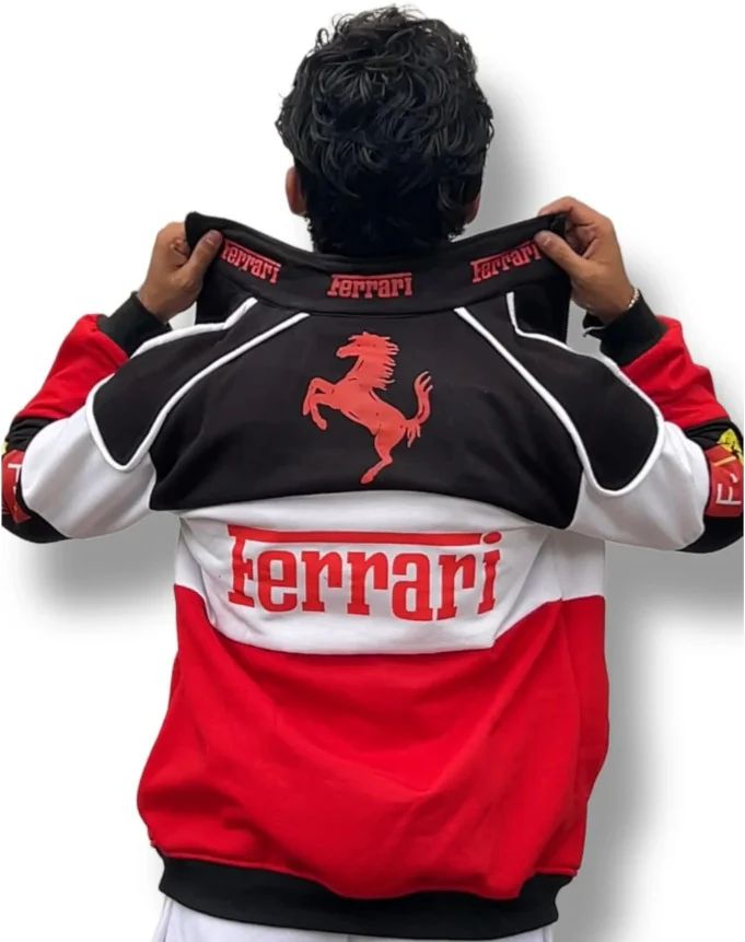 DTF printed Ferrari jacket on 300 GSM cotton β close-up fabric textureβ