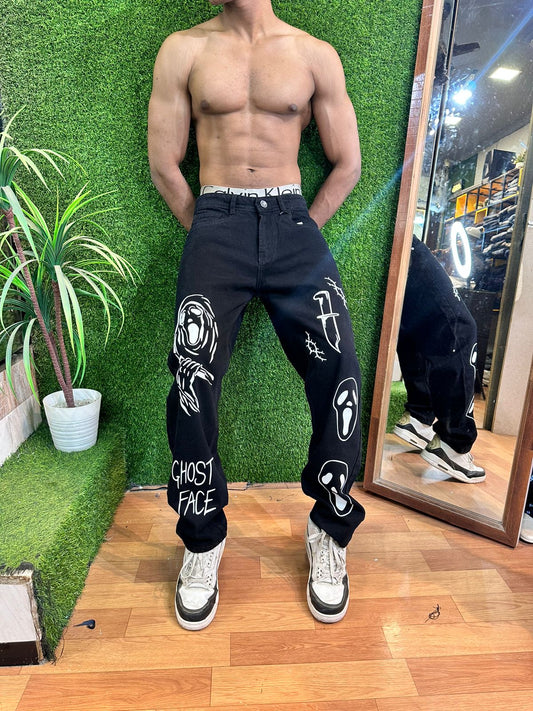 Ghost Face Black Straight Fit Baggy Jeans