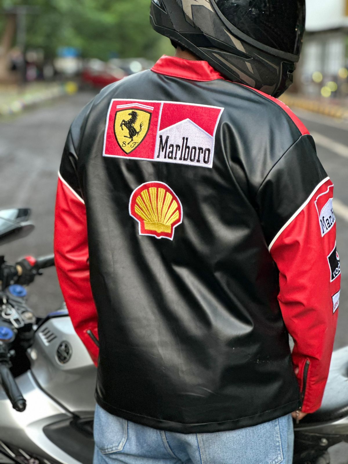 Back of Red Bull F1 jacket β faux leather streetwear style