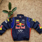 Flat lay of Red Bull Racing Jacket with bold logo embroidery on faux leather