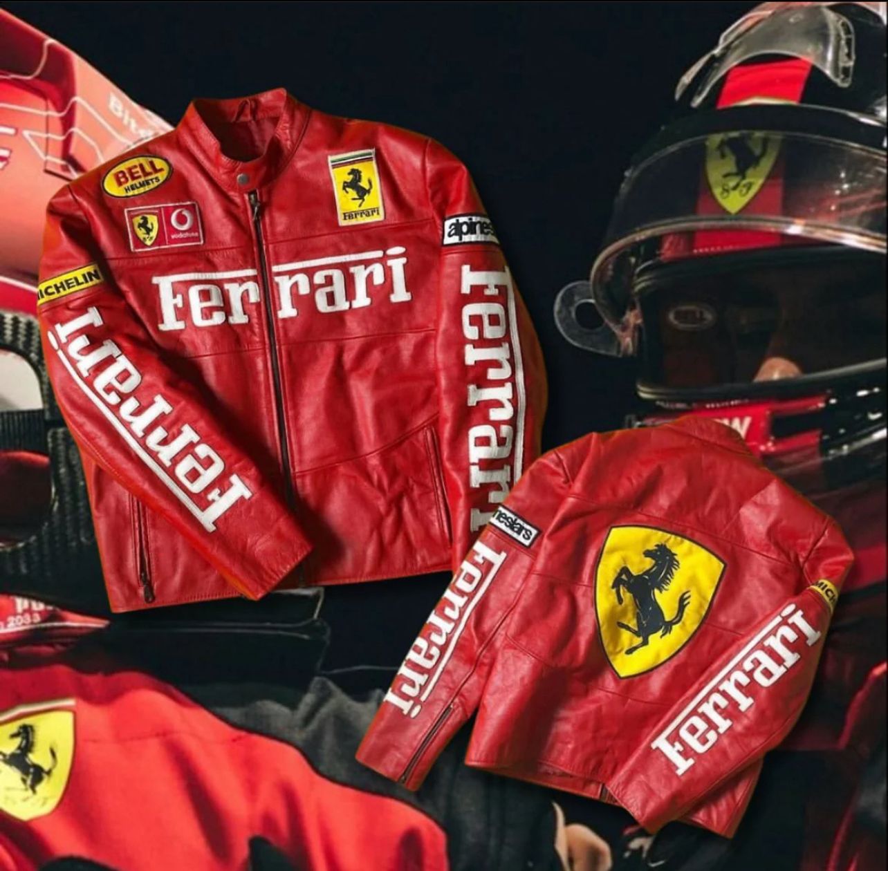 Red Ferrari Synthetic Leather Jacket – Embroidered | Unisex Racing Streetwear
