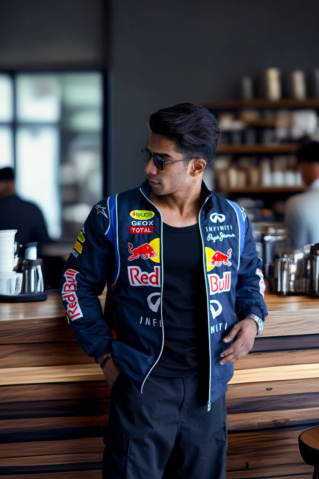 Red Bull Racing Jacket front view – embroidered F1 faux leather streetwear
