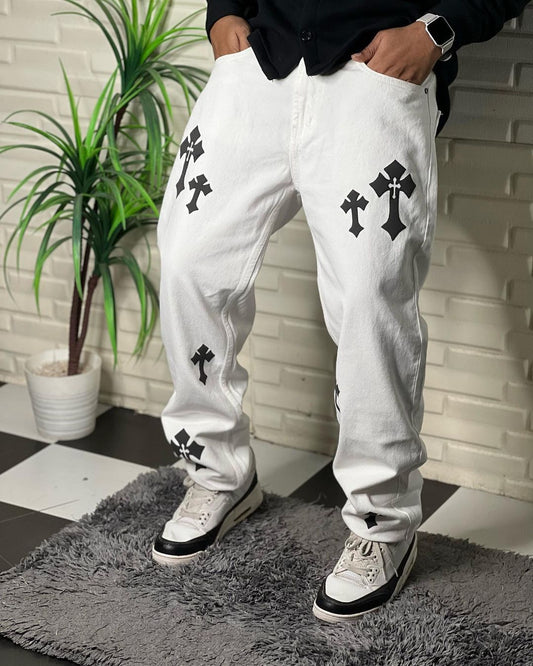 Aesthetic White Straight Fit Baggy Jeans For Men