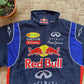 Flat lay of Red Bull Racing Jacket with bold logo embroidery on faux leather