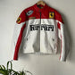 Front view of Ferrari Racing White Leather Jacket with embroidered logo