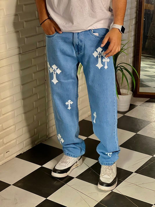 Aesthetic Sky Blue Straight Fit Baggy Jeans For Men