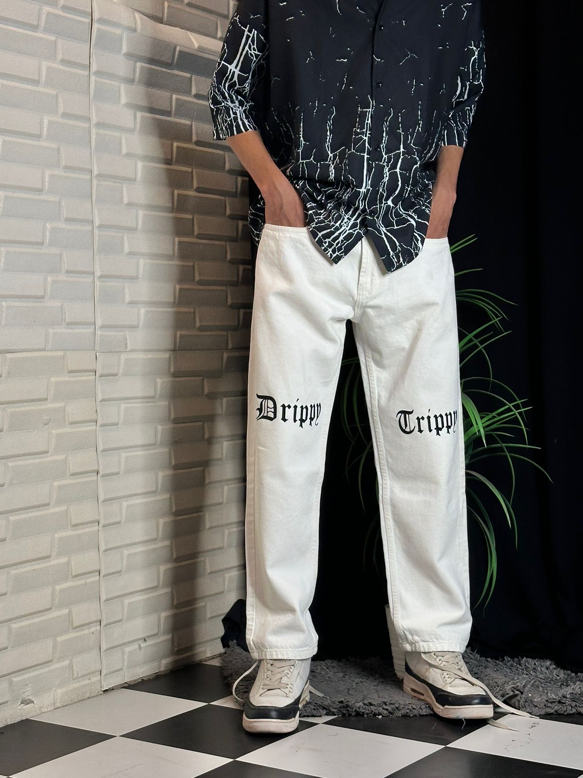 Drippy Trippy White Straight Fit Baggy Jeans