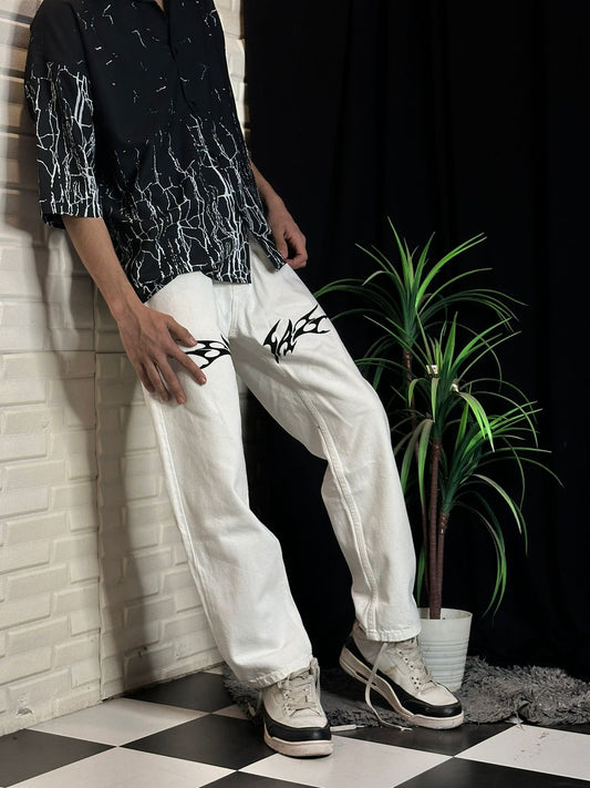 Savage White Straight Fit Baggy Jeans