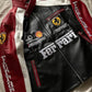 Front view of Ferrari maroon and black leather jacket with embroidered Ferrari logo