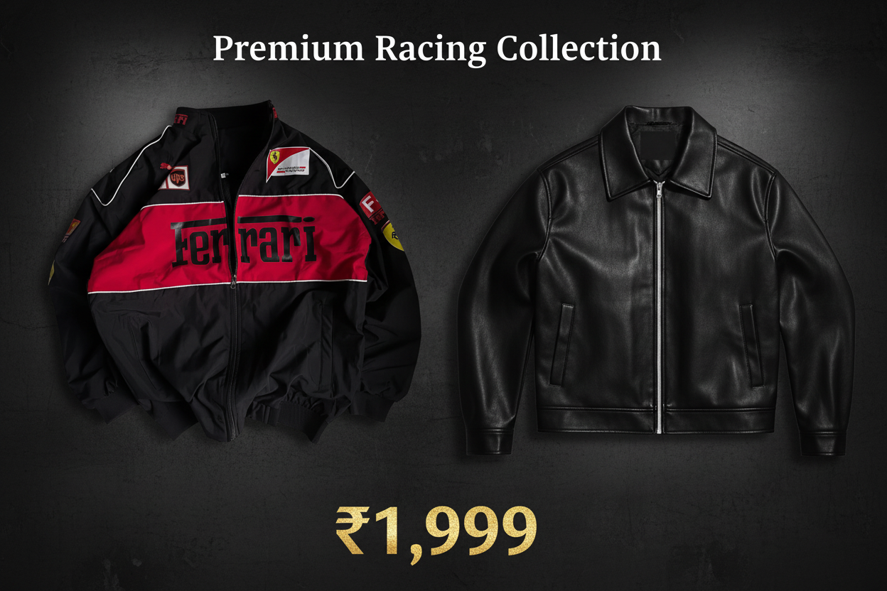 Premium Racing Collection bundle showing Black Ferrari F1 Racing Jacket and Boxy Fit Synthetic Leather Jacket side by side