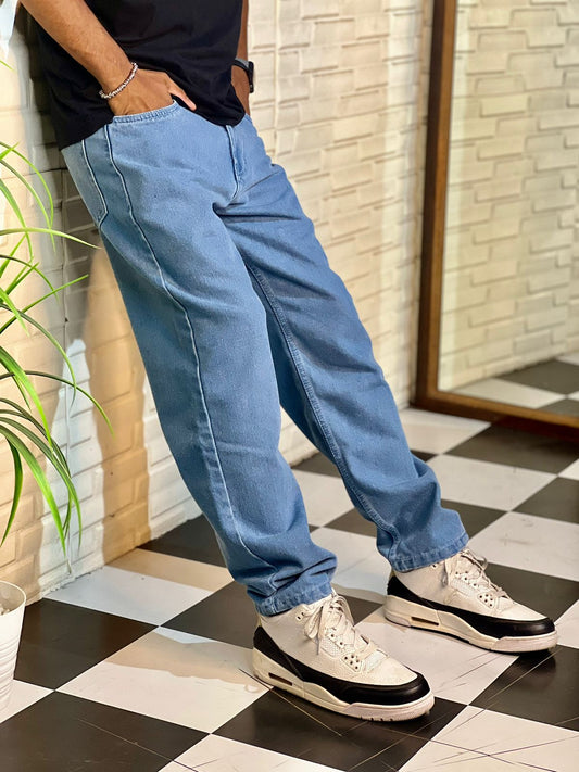 Sky Blue Straight Fit Baggy Jeans For Men