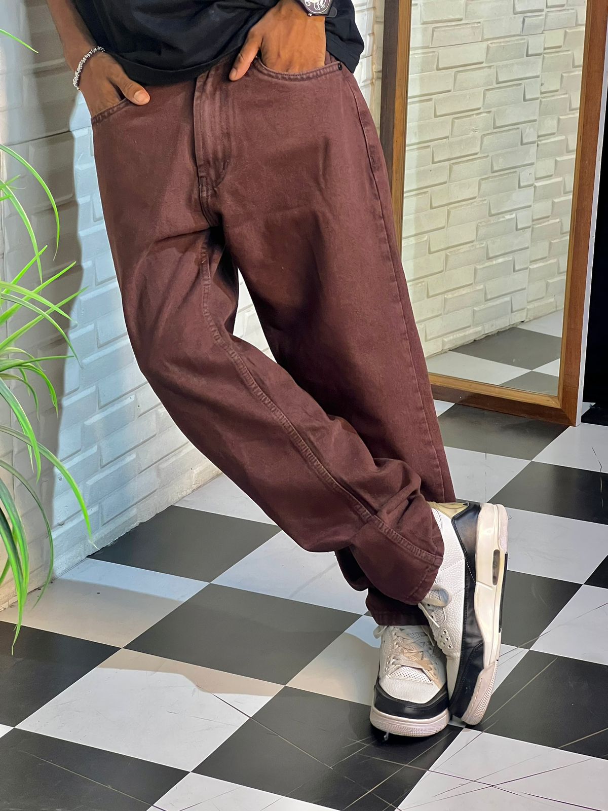 Brown Straight Fit Baggy Denim Jeans