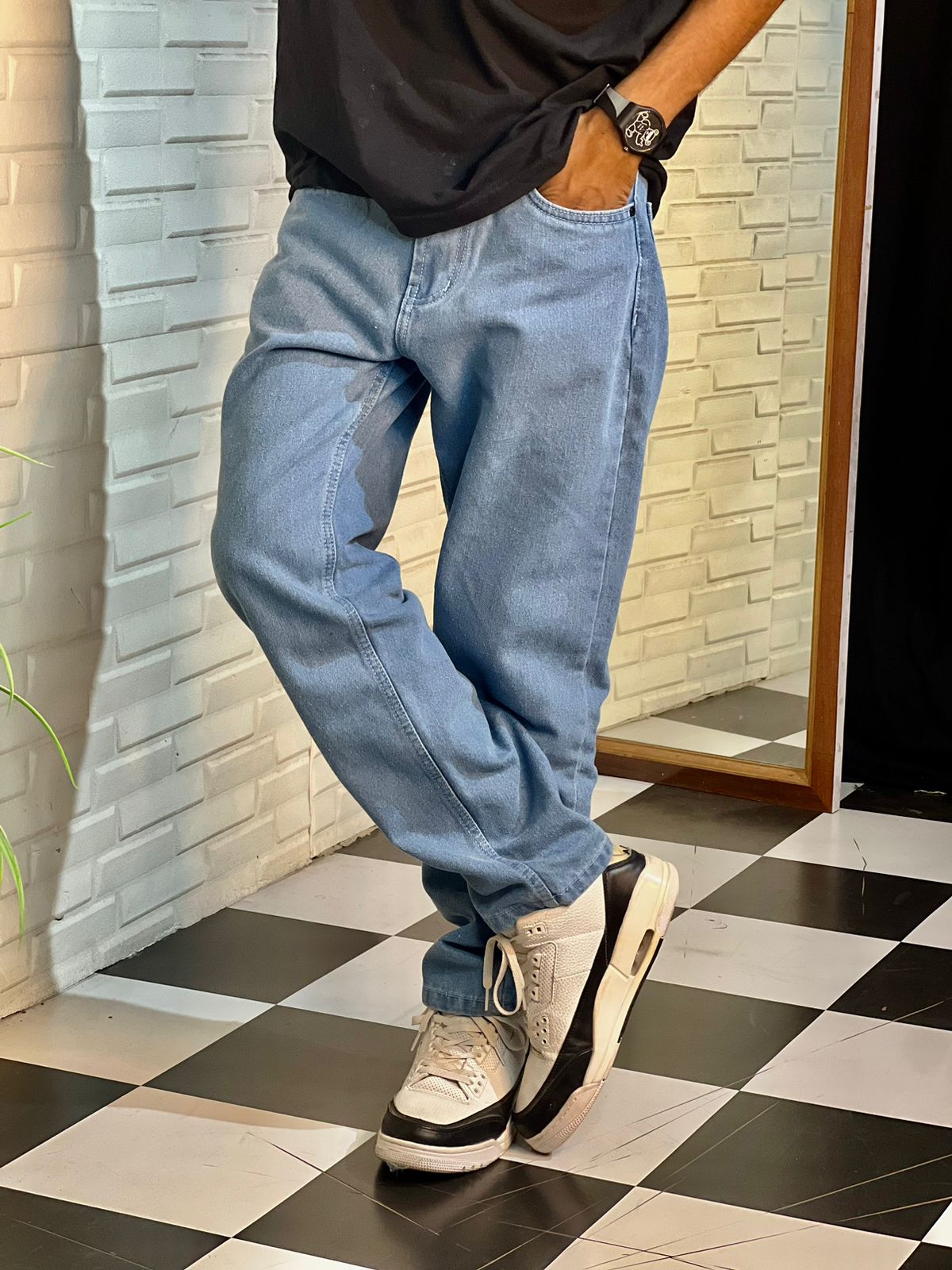 Sky Blue Straight Fit Baggy Jeans For Men