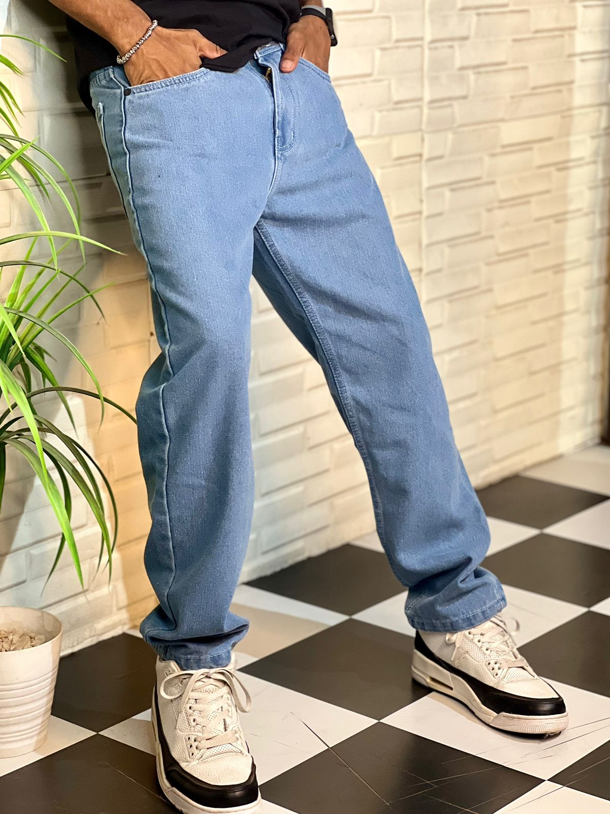 Sky Blue Straight Fit Baggy Jeans For Men