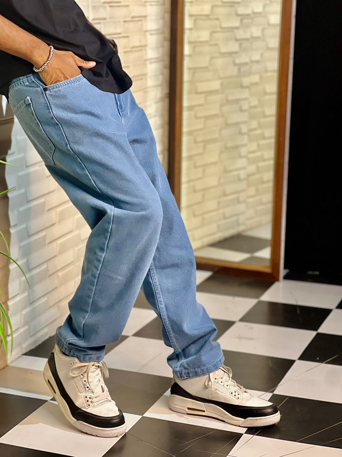 Sky Blue Straight Fit Baggy Jeans For Men