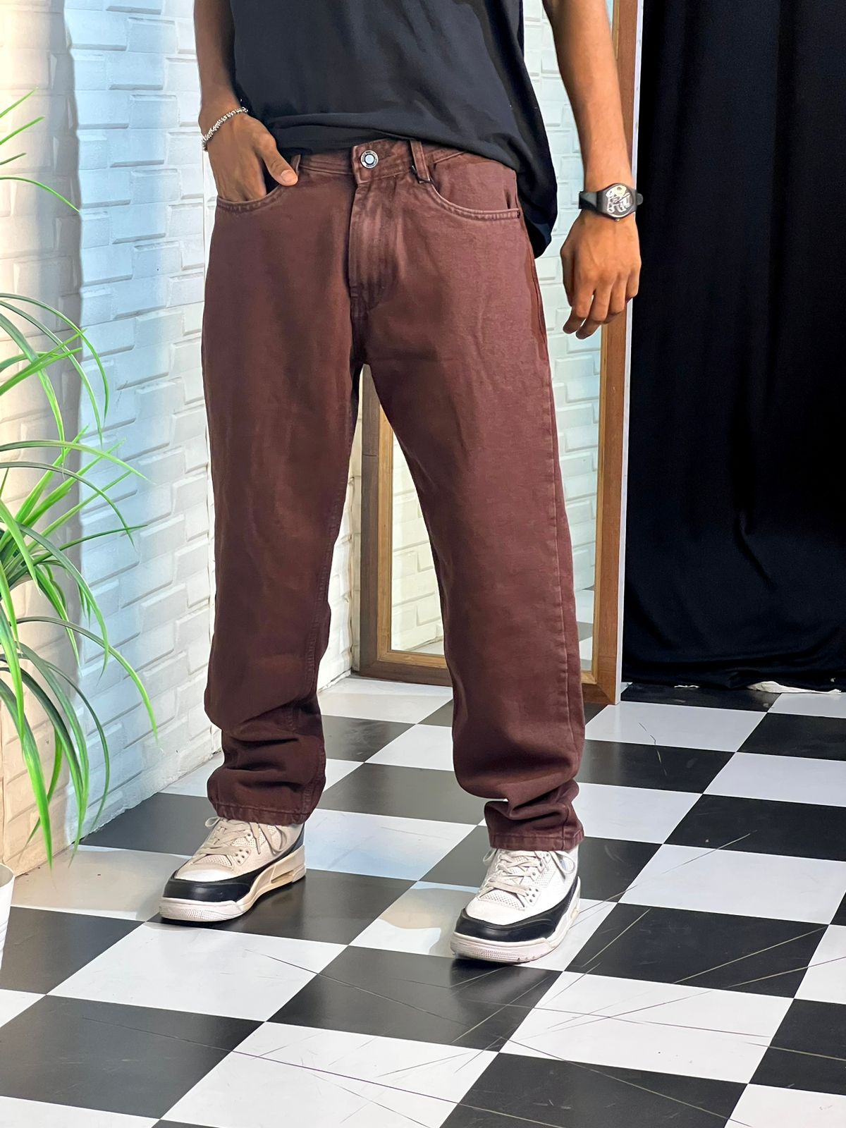 Brown Straight Fit Baggy Denim Jeans